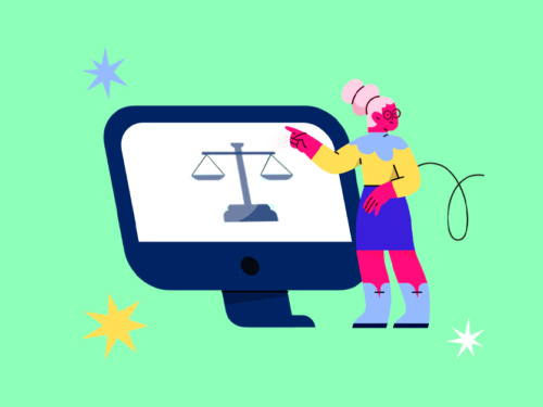 Ilustração de mulher apontando para computador com balança.