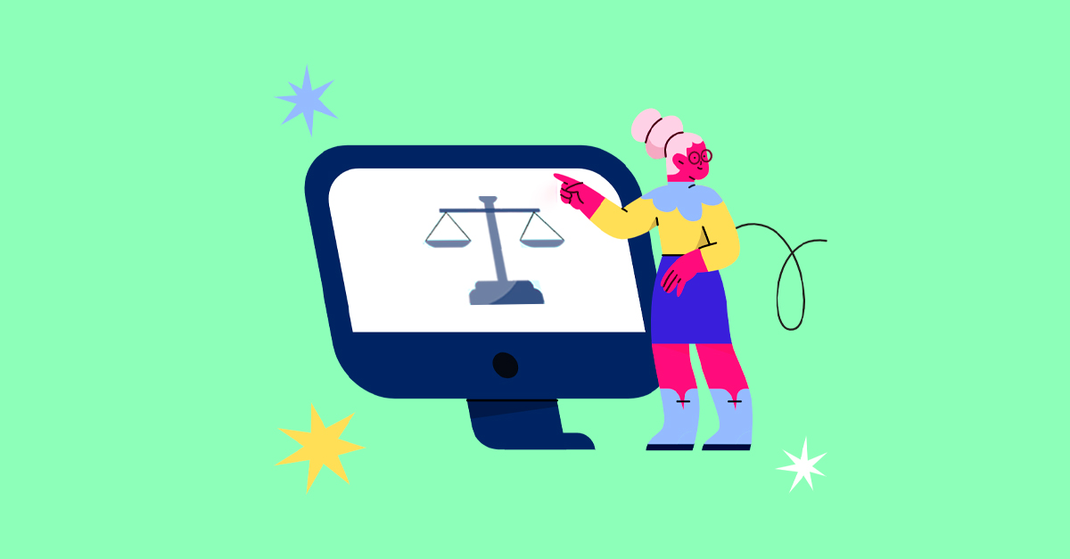 Ilustração de mulher apontando para computador com balança.