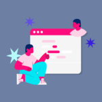 Ilustração de programação com personagens conversando