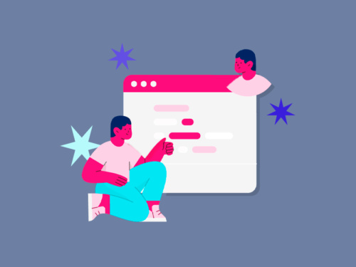 Ilustração de programação com personagens conversando