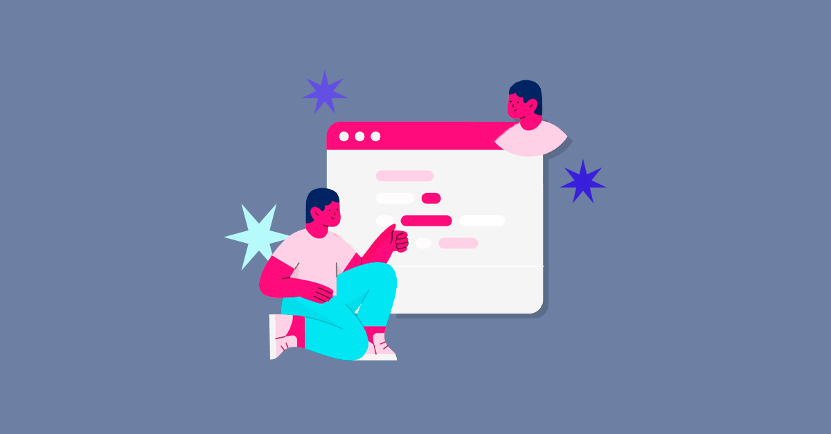 Ilustração de programação com personagens conversando