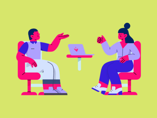 Ilustração de conversa entre duas pessoas em ambiente digital.