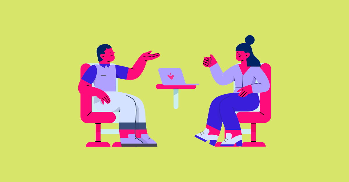 Ilustração de conversa entre duas pessoas em ambiente digital.