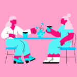 Duas mulheres se divertindo em um café colorido.