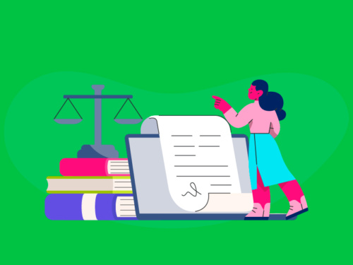 Ilustração sobre direito com livros e balança
