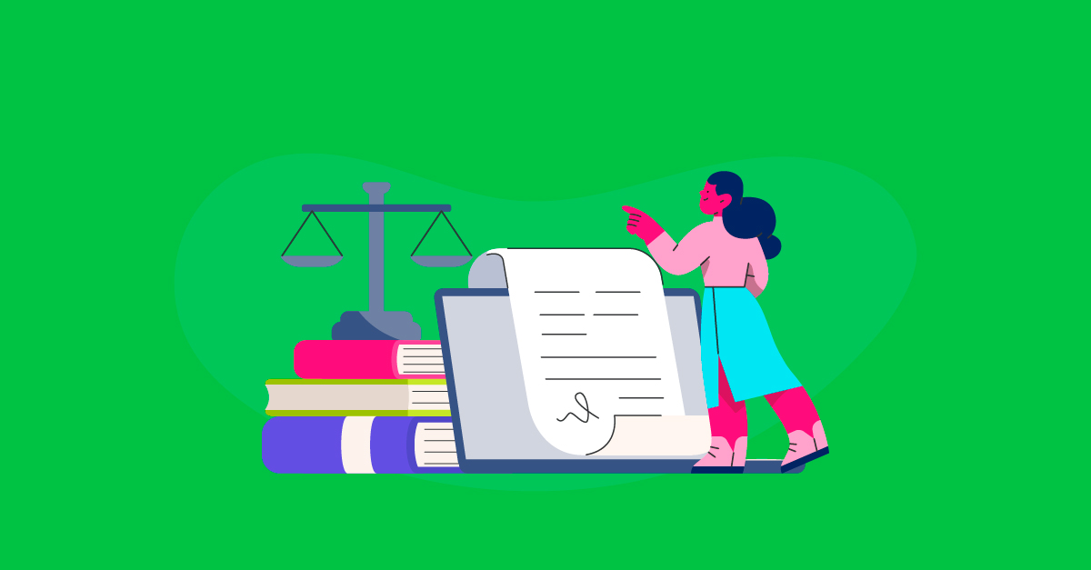 Ilustração sobre direito com livros e balança