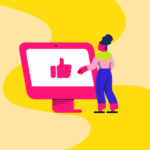 Ilustração de mulher interagindo com um computador rosa.