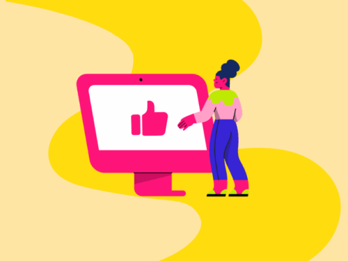Ilustração de mulher interagindo com um computador rosa.