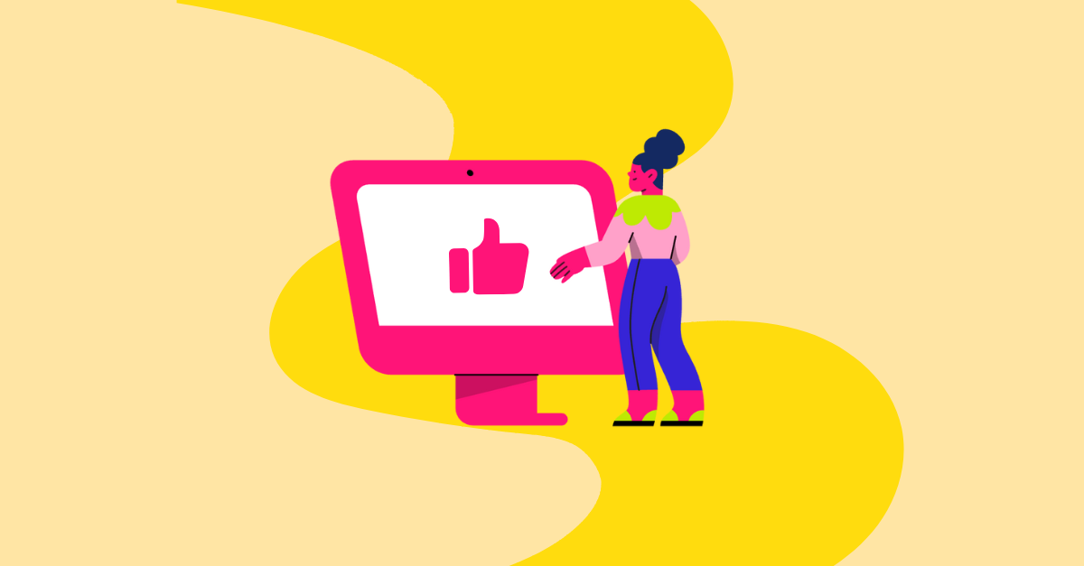Ilustração de mulher interagindo com um computador rosa.