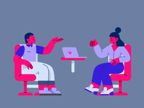 Ilustração de uma conversa entre duas pessoas com laptop