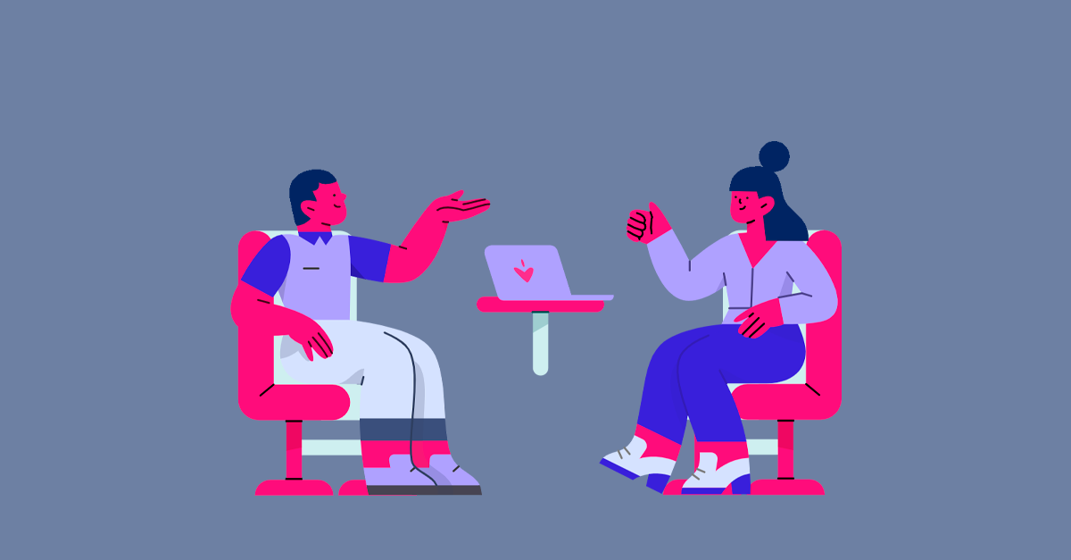 Ilustração de uma conversa entre duas pessoas com laptop