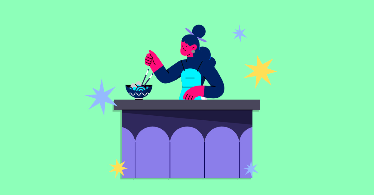 Mulher cozinhando com uma tigela na mesa