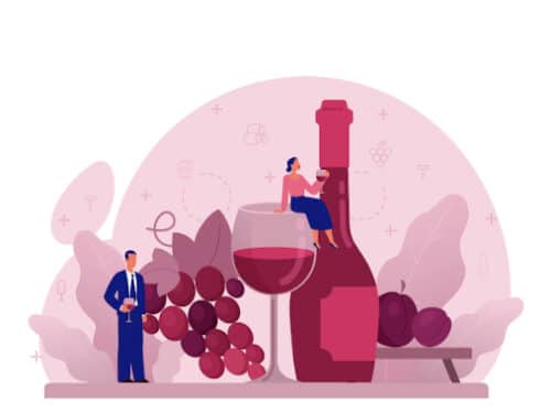um homem e uma mulher ao lado de uma garrafa de vinho