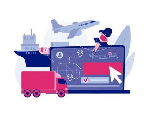 uma mulher em cima de um laptop ao lado de um caminhão e um avião ao fundo