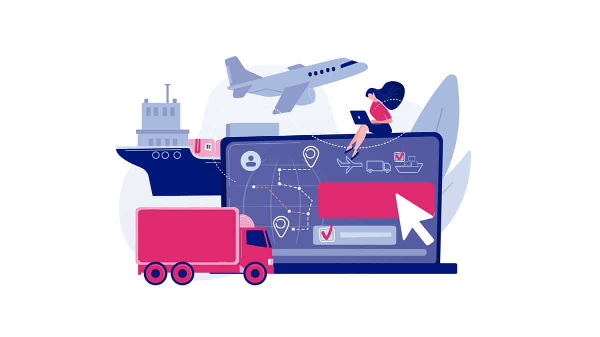 uma mulher em cima de um laptop ao lado de um caminhão e um avião ao fundo