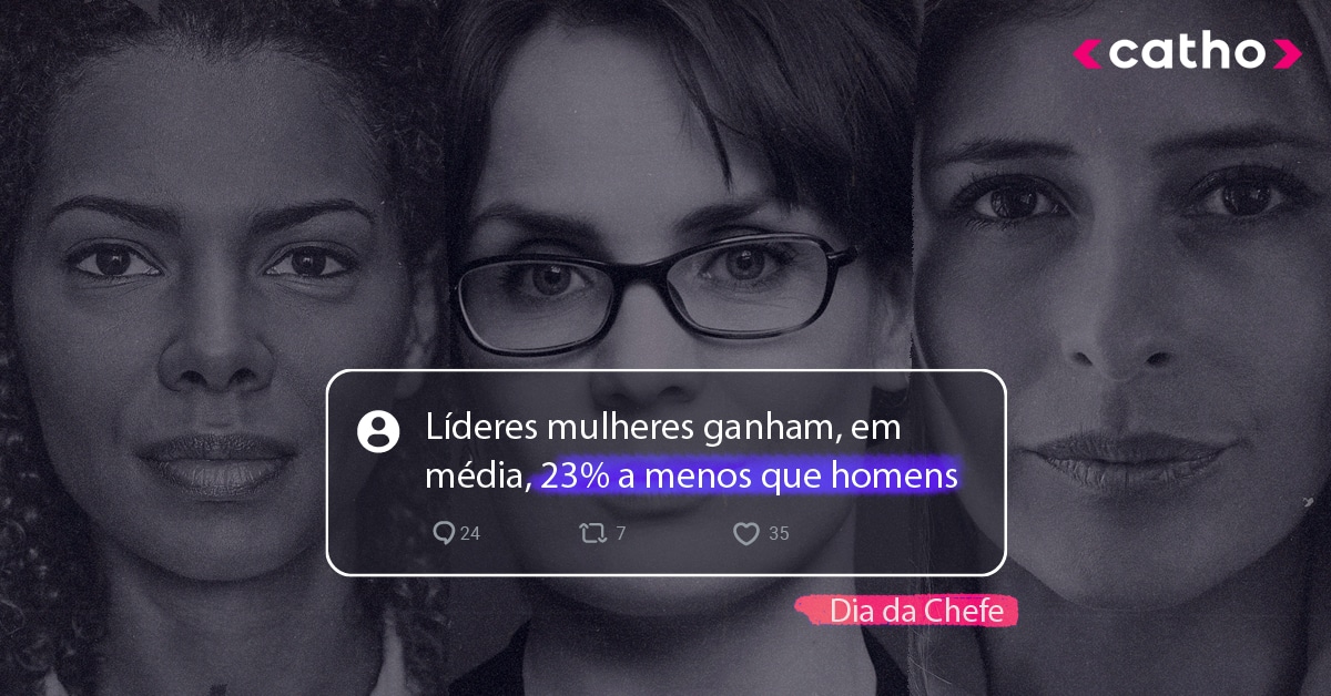 um grupo de mulheres próximas umas das outras com a escrita "líderes mulheres ganham, em média, 23% a menos que homens"
