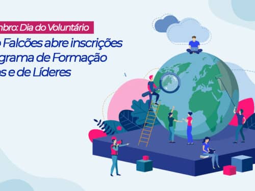 pessoas em pé ao redor de um globo com fundo de céu com a escrita "5 de dezembro: dia do voluntário"