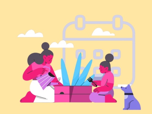 Mulheres regando vaso de planta