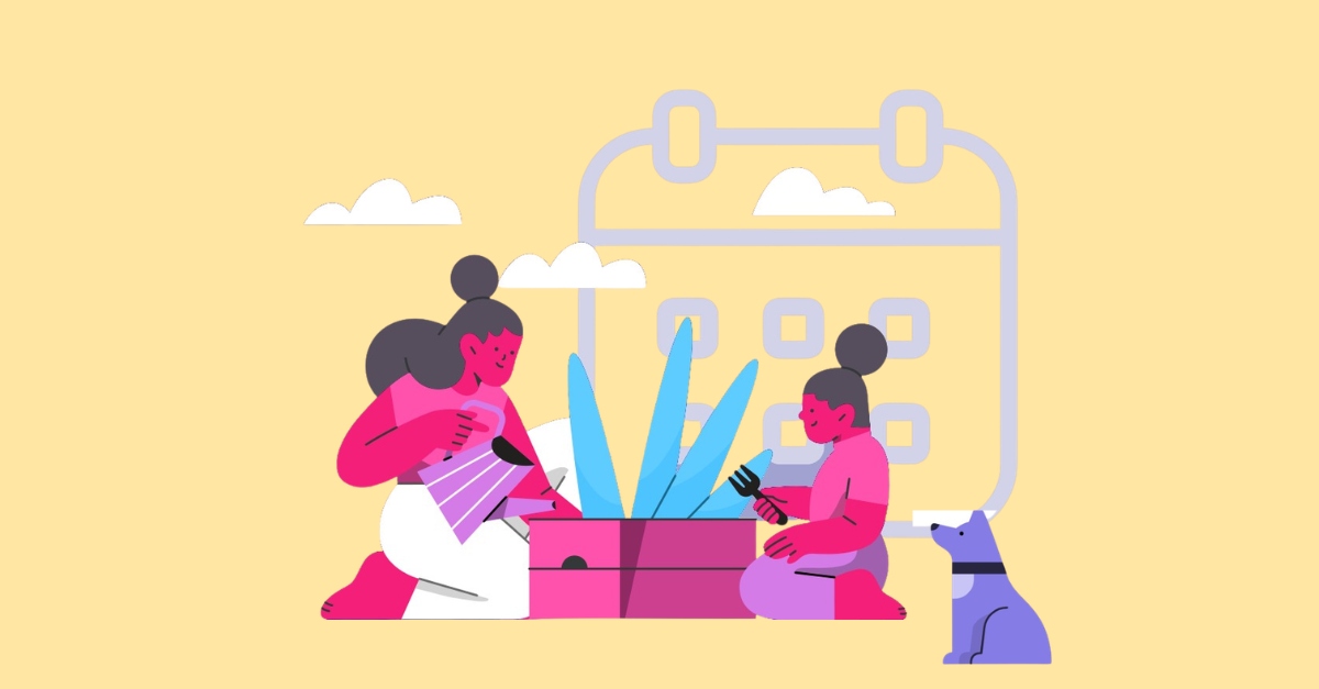 Mulheres regando vaso de planta
