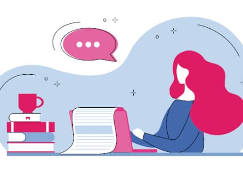 uma mulher sentada em uma mesa com um notebook e um balão de pensamento acima da cabeça