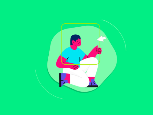 Ilustração de homem sentado interagindo com tela.