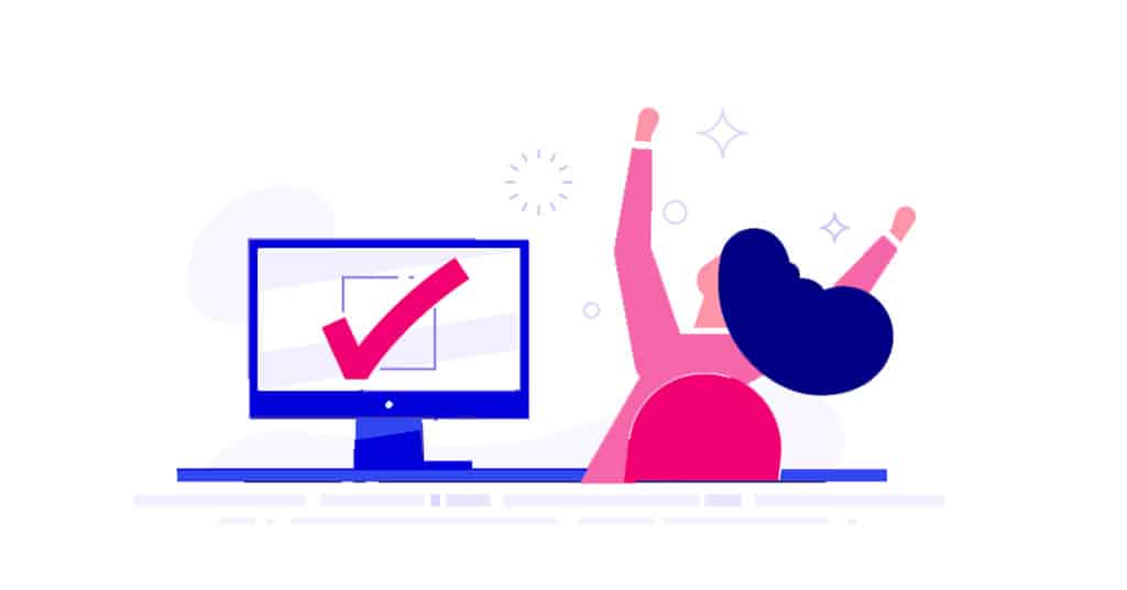emprego novo Mulher sentada em uma cadeira com os braços para cima, como se estivesse comemorando. Ela está em a um computador. A ilustração está nas cores rosa e azul.