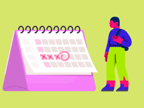 Ilustração de uma pessoa ao lado de um calendário