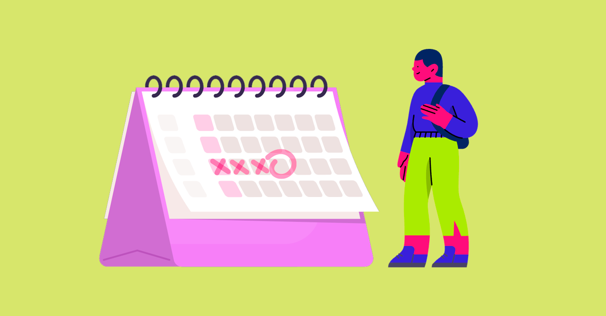 Ilustração de uma pessoa ao lado de um calendário