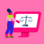 Ilustração de mulher apresentando balança em computador