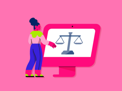 Ilustração de mulher apresentando balança em computador