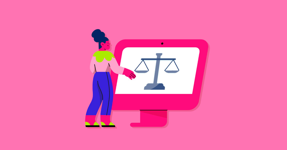 Ilustração de mulher apresentando balança em computador