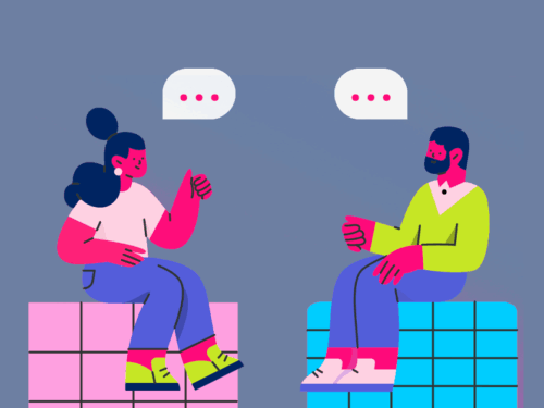 Ilustração de duas pessoas conversando, com balões de diálogo.