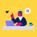 Ilustração de homem pensando diante do computador.