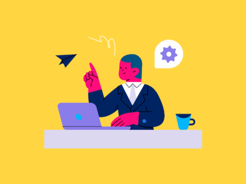 Ilustração de homem pensando diante do computador.