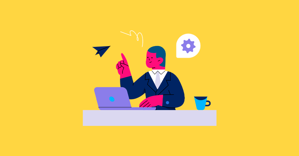 Ilustração de homem pensando diante do computador.