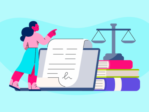 Ilustração de uma mulher com documentos e livros jurídicos