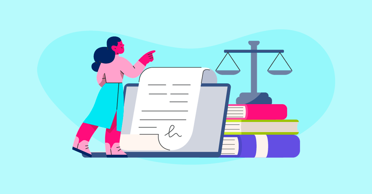Ilustração de uma mulher com documentos e livros jurídicos