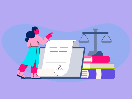 Ilustração de personagem com documentos e balança