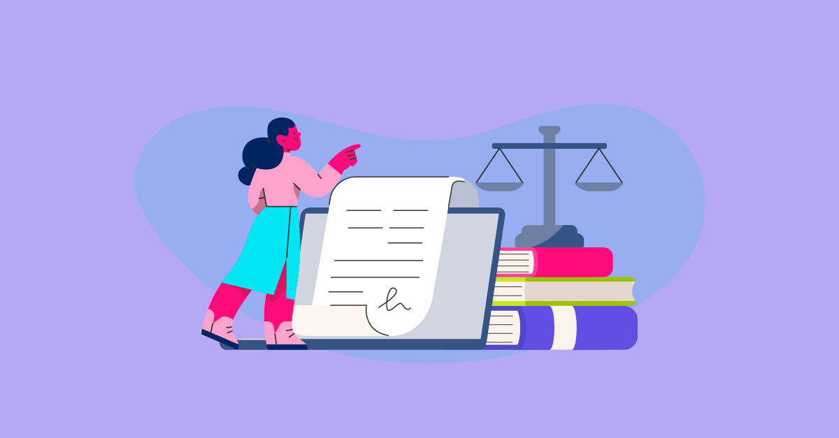 Ilustração de personagem com documentos e balança