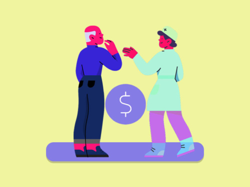 Ilustração de pessoas discutindo sobre finanças.