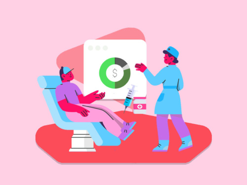 Ilustração de consulta médica e pagamento com injeção
