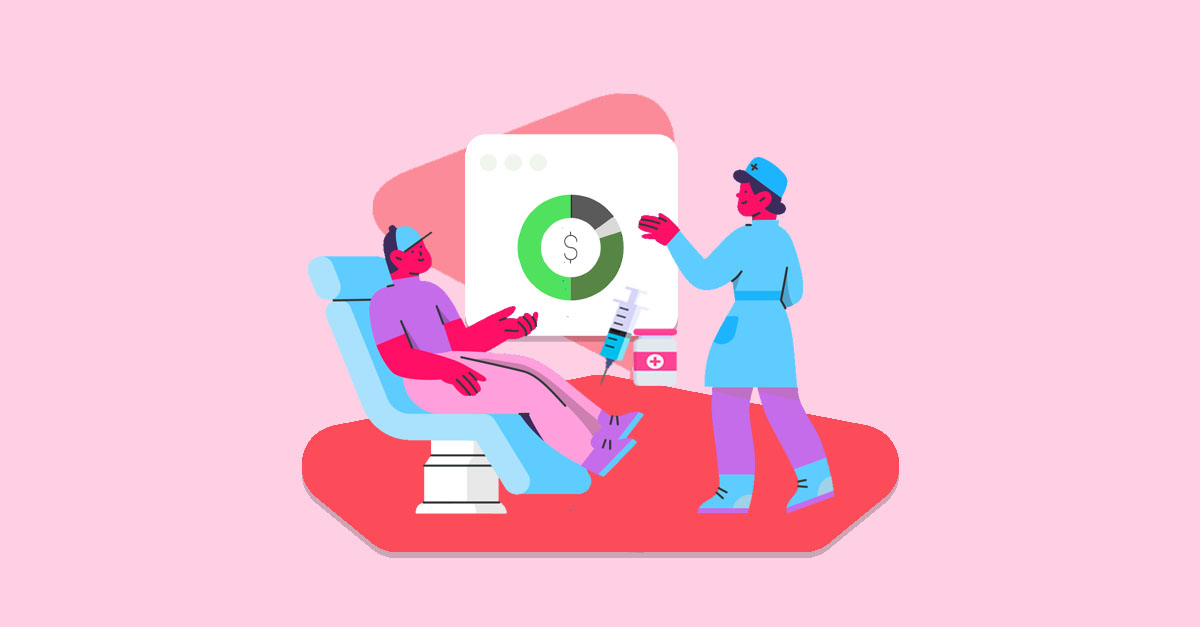 Ilustração de consulta médica e pagamento com injeção