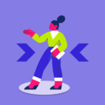 Ilustração colorida de mulher com bolsa em fundo roxo