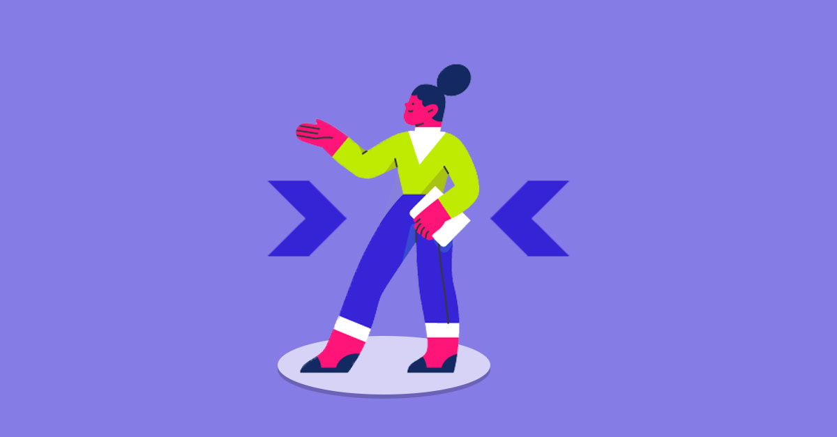 Ilustração colorida de mulher com bolsa em fundo roxo