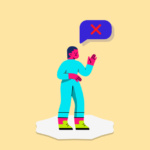 Ilustração de uma pessoa com balão de fala e 'X' vermelho