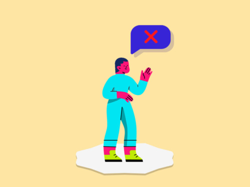 Ilustração de uma pessoa com balão de fala e 'X' vermelho