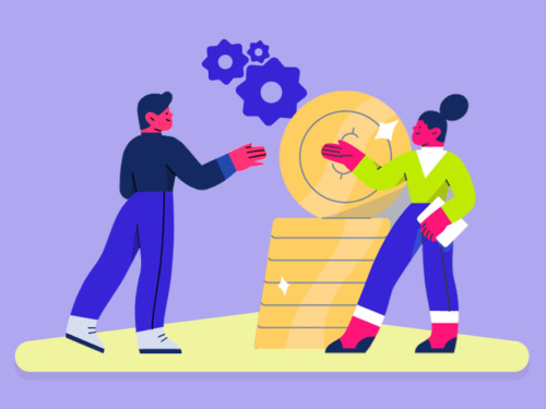 Ilustração de pessoas interagindo com moedas