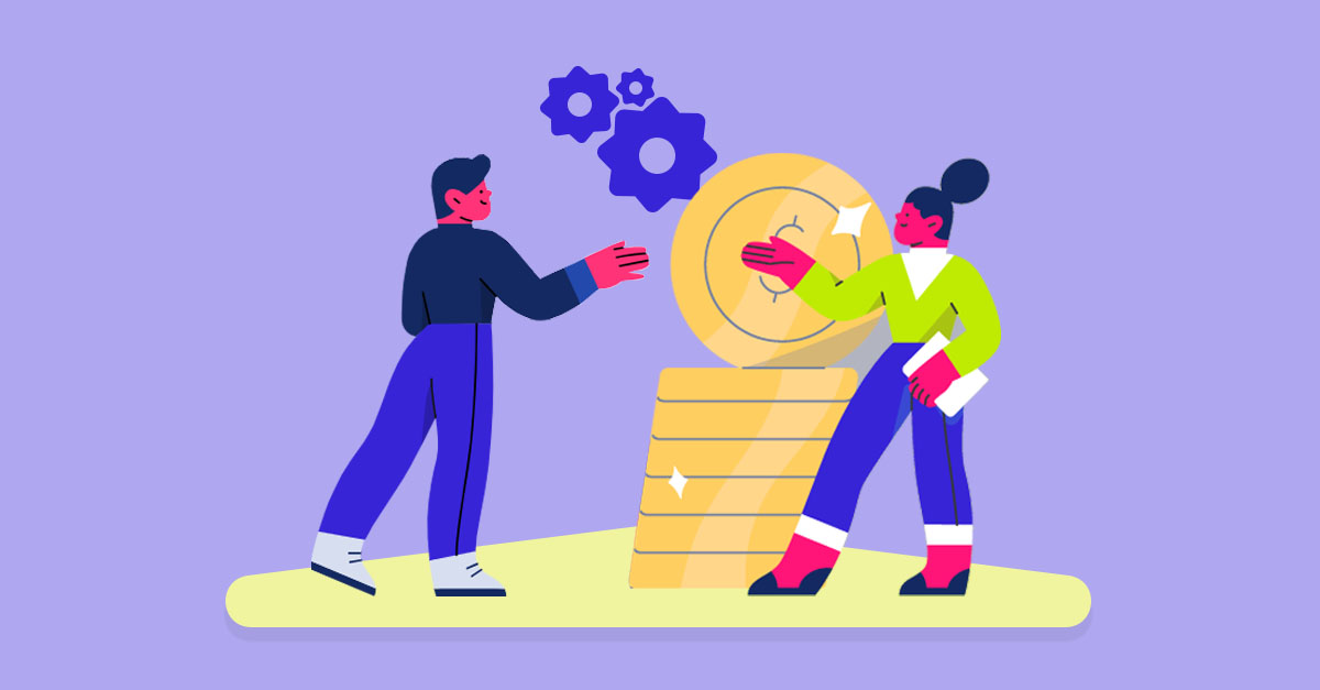 Ilustração de pessoas interagindo com moedas