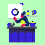 Ilustração de mulher cozinhando em uma cozinha moderna