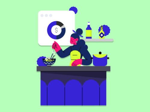 Ilustração de mulher cozinhando em uma cozinha moderna